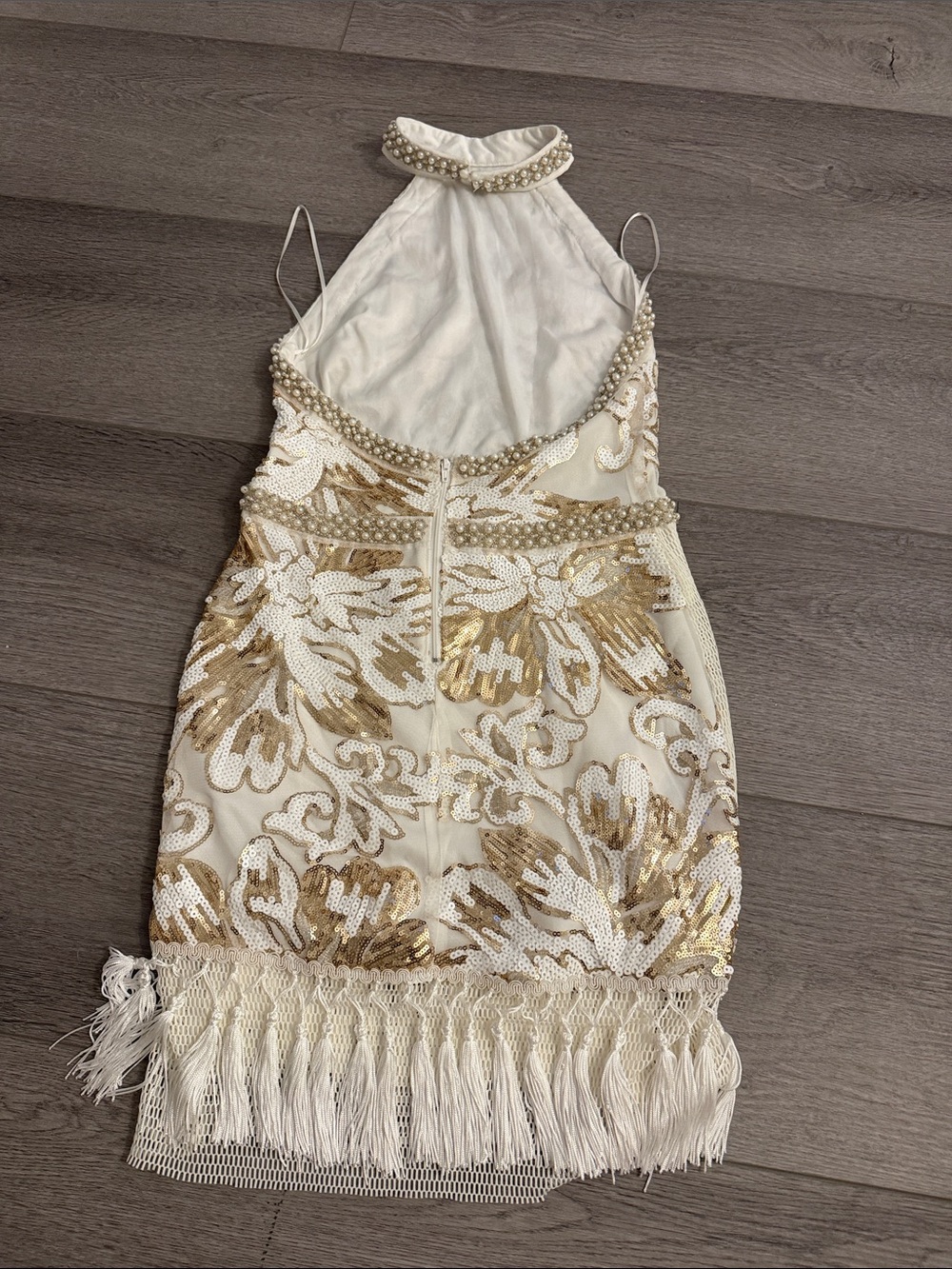 12th Tribe Pearl-Embellished Ivory Halter Dress with Gold Sequin Detail - Picture 3 of 5